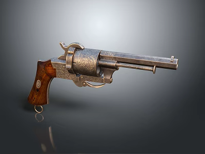Classic Vintage Revolver With Engraved Metal Body And Wooden Grip Details 3d model