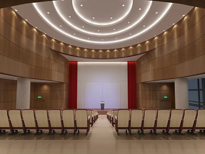 Modern Conference Room With Circular Ceiling Wooden Walls Red Curtains White Projection Screen And Seats 3d model