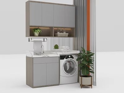 Modern Bathroom Cabinet With Sink Washing Machine Gray Cabinets And Green Plants 3d model
