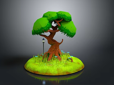 Cartoon Tree Scene Component with Green Canopy Brown Trunk Blue Mushrooms Lamp Post and Grass 3d model