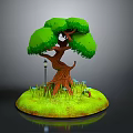 Cartoon Tree Scene Component with Green Canopy Brown Trunk Blue Mushrooms Lamp Post and Grass