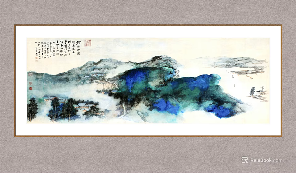 Traditional Chinese Landscape Painting With Misty Mountains Green Trees And Blue Water 3d model 