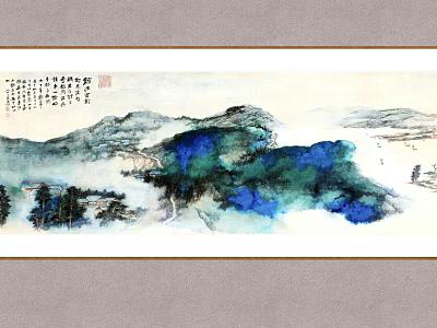 Traditional Chinese Landscape Painting With Misty Mountains Green Trees And Blue Water 3d model