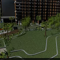 Lush Tropical Garden Landscape With Palm Trees White Flowers And Red Bushes By Modern Buildings