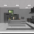 Commercial Kitchen Interior With Stainless Steel Appliances Multiple Stoves Range Hoods And Central Worktable