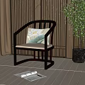 Modern Chinese Style Wooden Armchair With Light Cushion And Green Plant By Striped Wall