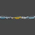 Assorted Colored Car Lineup Featuring Yellow Blue Silver Sedan And SUV Models