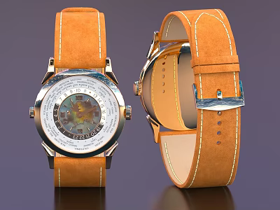 Luxury Watch With Orange Leather Strap And Complex Dial 3d model