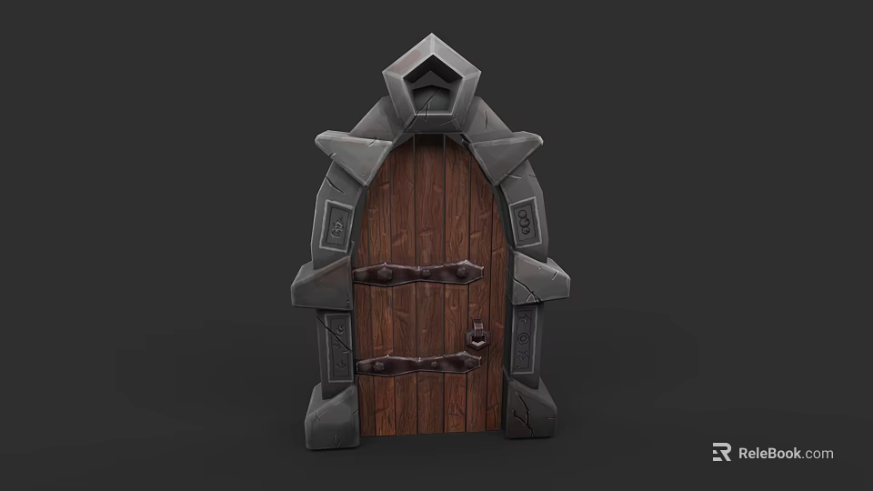 Medieval Wooden Door with Stone Frame and Metal Hinges Design 3d model 