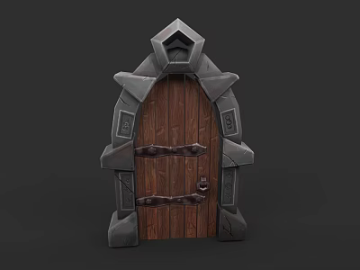 Medieval Wooden Door with Stone Frame and Metal Hinges Design 3d model