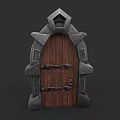 Medieval Wooden Door with Stone Frame and Metal Hinges Design