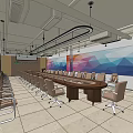 Modern Conference Room Interior With Long Table Multiple Chairs Large Windows And Geometric Wall Art