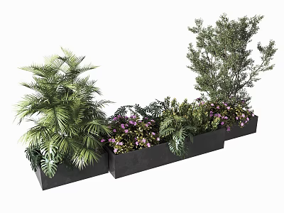 Black Flower Planters With Palm Plants Purple Flowers And Green Foliage 3d model