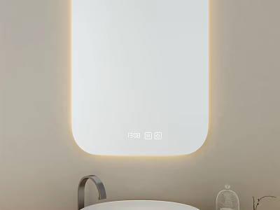 Modern Bathroom Mirror With LED Lighting Wall Mounted Above White Sink And Decorative Glass Vase 3d model