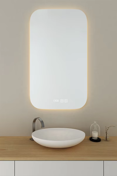 Modern Bathroom Mirror With LED Lighting Wall Mounted Above White Sink And Decorative Glass Vase 3d model