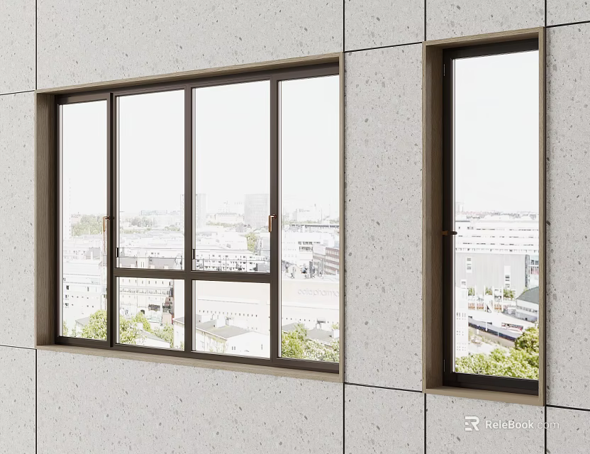 Casement Windows Installed On Grey Concrete Wall With Urban View And Greenery 3d model 