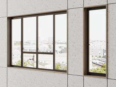 Casement Windows Installed On Grey Concrete Wall With Urban View And Greenery 3d model