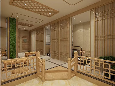 Serene SPA Sauna Interior With Wooden Lattice Design Green Plant Wall And Seats 3d model