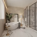 Elegant Bathroom Interior Design With Marble Floor Freestanding Bathtub Beige Curtains Mirror Plant And Chair