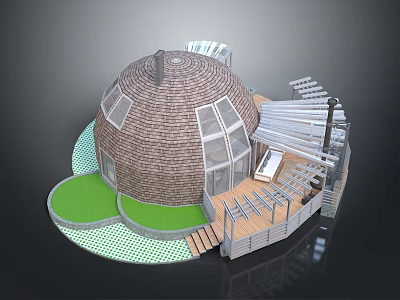 Domed Brick Building Structure With Glass Windows Wooden Deck And Green Lawn 3d model