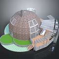 Domed Brick Building Structure With Glass Windows Wooden Deck And Green Lawn