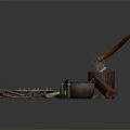 Vintage Rustic Scene With Axe On Wooden Stump Gun Bucket Shackle And Chilies