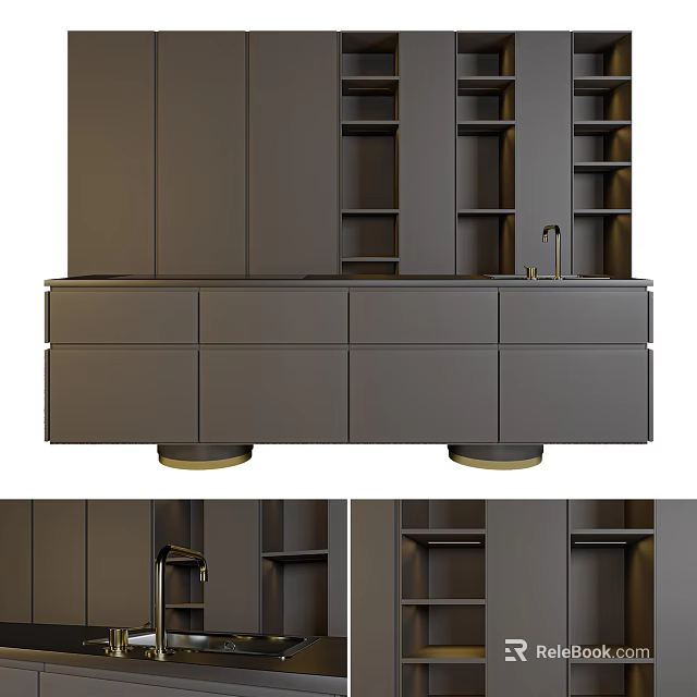 Modern Kitchen With Dark Gray Cabinets Open Shelves And Sink With Golden Bases 3d model 
