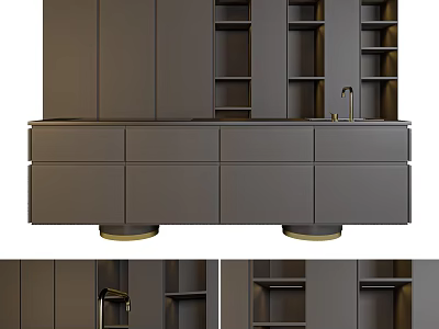 Modern Kitchen With Dark Gray Cabinets Open Shelves And Sink With Golden Bases 3d model