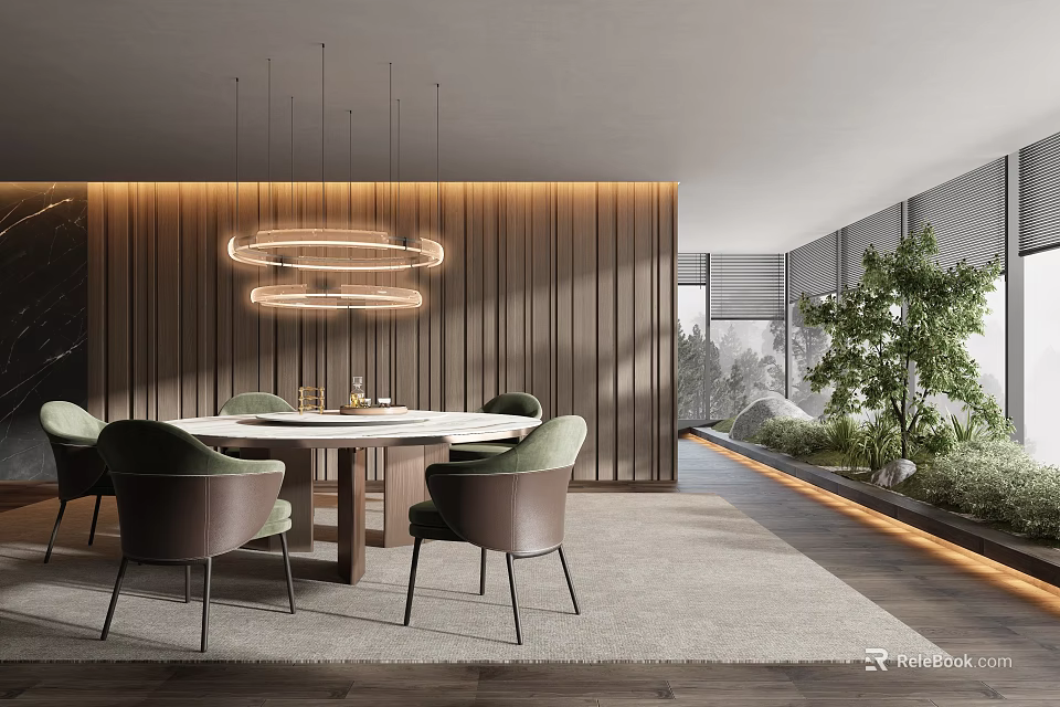 Modern Restaurant Interior With Round Dining Table Green Chairs Pendant Lights And Wooden Walls 3d model 