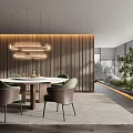 Modern Restaurant Interior With Round Dining Table Green Chairs Pendant Lights And Wooden Walls