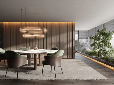 Modern Restaurant Interior With Round Dining Table Green Chairs Pendant Lights And Wooden Walls 3d model