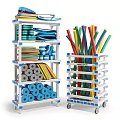 Multi Tier Mobile Storage Racks Organizing Colorful Tubes Rolls And Containers 3d model
