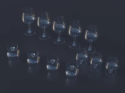 Wine Bottles And Glasses Transparent With Various Shapes Sizes Arranged On Dark Background 3d model
