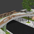 Modern Landscape Bridge With Wooden Mesh Structure Purple Flowers And Large Tree