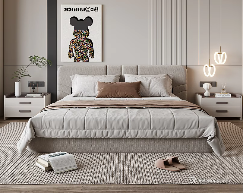 Modern Double Bed with Upholstered Headboard Neutral Pillows White Nightstands Beige Rug and Wall Art 3d model 