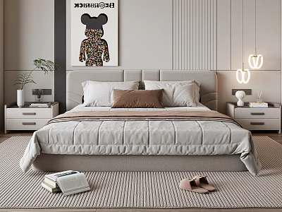 Modern Double Bed with Upholstered Headboard Neutral Pillows White Nightstands Beige Rug and Wall Art 3d model