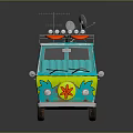 Cartoon Style Blue And Yellow Van With Surfboards On Roof And Mystery Machine Text