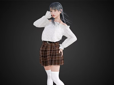 A Woman With Gray Long Hair In White Off Shoulder Sweater And Brown Plaid Skirt 3d model