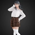 A Woman With Gray Long Hair In White Off Shoulder Sweater And Brown Plaid Skirt