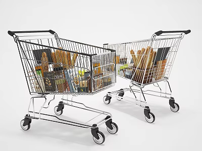 Two Public Shopping Carts Filled With Various Grocery Items In Retail Facility 3d model