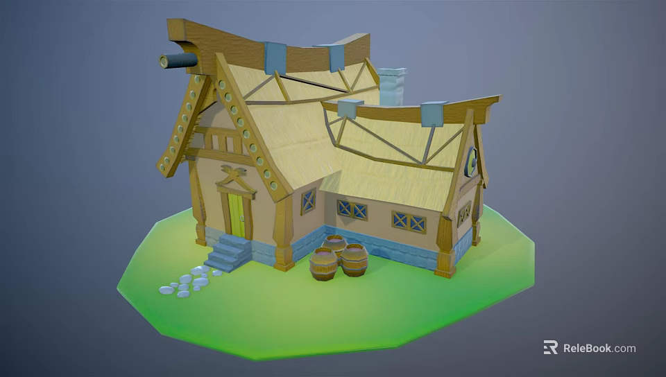 Cartoon Style House with Straw Roof Wooden Structure Barrels Steps and Green Grass 3d model 
