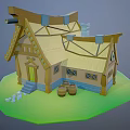Cartoon Style House with Straw Roof Wooden Structure Barrels Steps and Green Grass