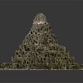 Cartoon Scene Pyramid Structure With Layered Fantasy Buildings And Rocky Caves
