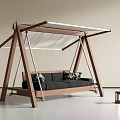 Modern Hanging Swing Bench With Wooden Frame Black Striped Cushions And White Canopy