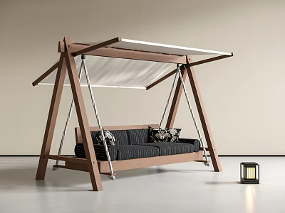 Modern Hanging Swing Bench With Wooden Frame Black Striped Cushions And White Canopy 3d model