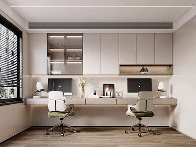 Modern Minimalist Home Office Interior With Two Desks Computers White Cabinets And Window Blinds 3d model