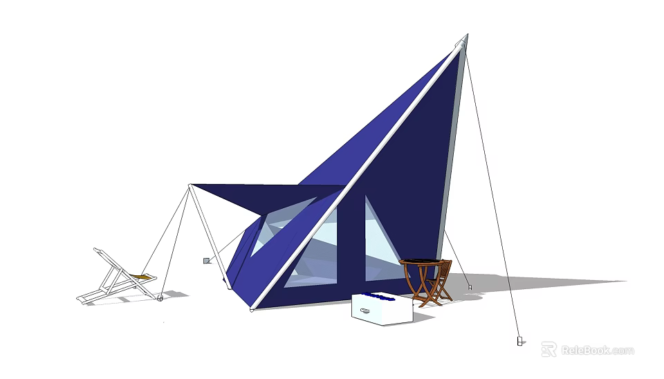 Blue Geometric Shaped Tent With Modern Design Folding Chair Small Table And White Storage Box 3d model 