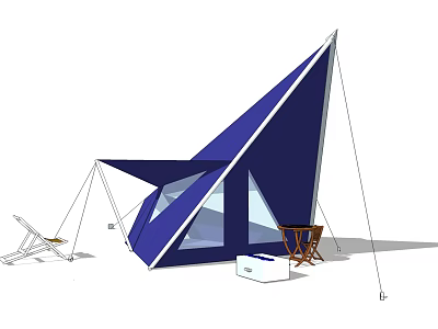 Blue Geometric Shaped Tent With Modern Design Folding Chair Small Table And White Storage Box 3d model