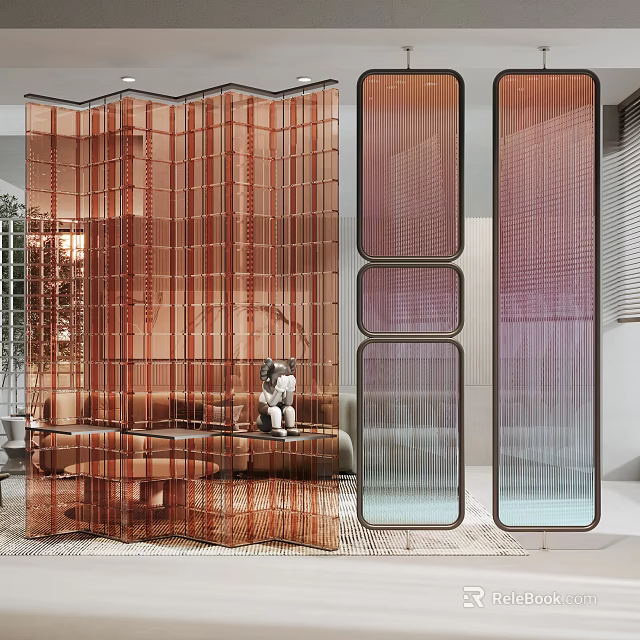 Modern Decorative Room Dividers in Living Room Interior with Grid Panels and Sofa Decor 3d model 