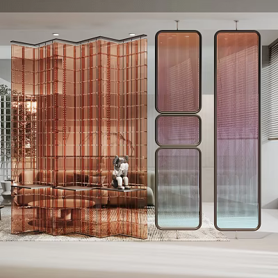 Modern Decorative Room Dividers in Living Room Interior with Grid Panels and Sofa Decor 3d model